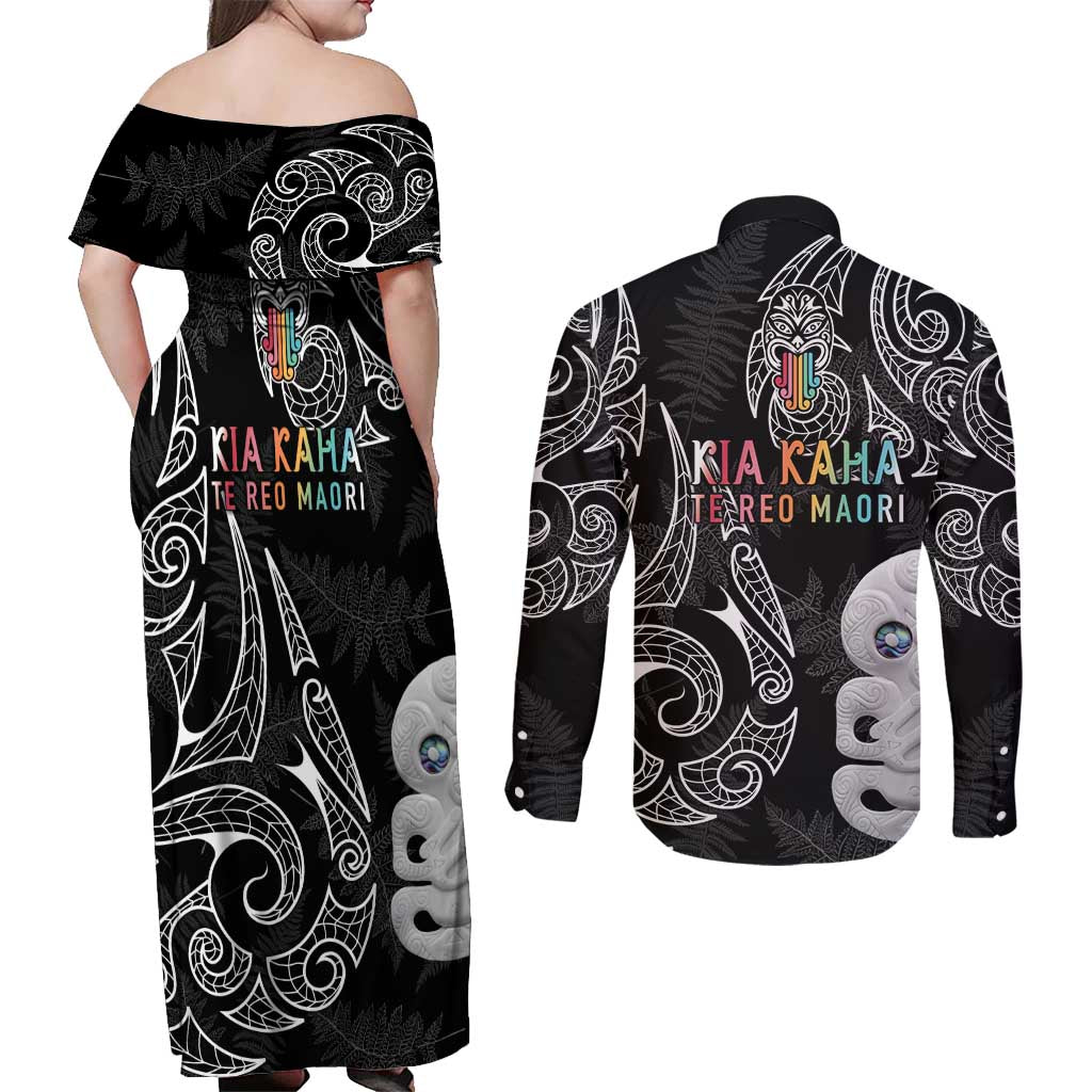 Kia Hara Te reo Maori Couples Matching Off Shoulder Maxi Dress and Long Sleeve Button Shirt Manaia Moko Pattern