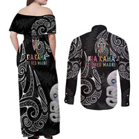 Kia Hara Te reo Maori Couples Matching Off Shoulder Maxi Dress and Long Sleeve Button Shirt Manaia Moko Pattern