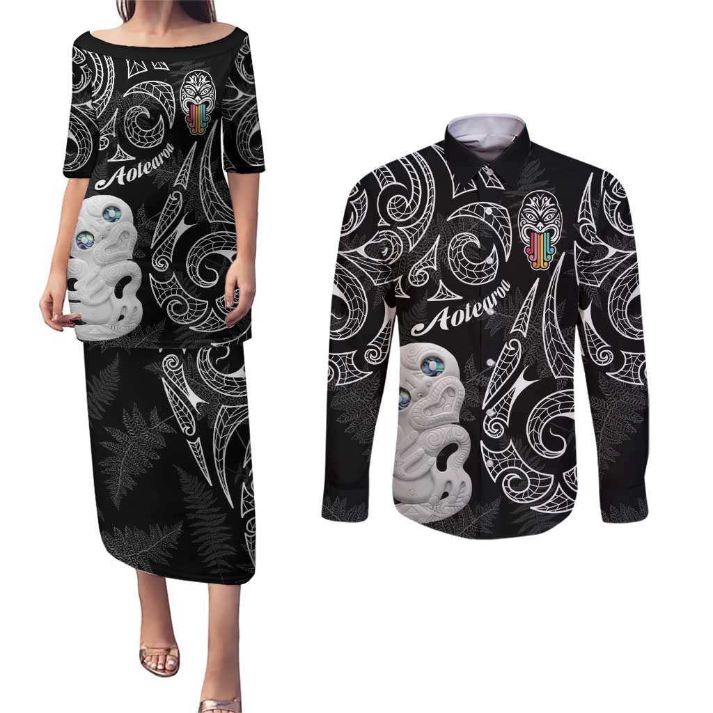 Kia Hara Te reo Maori Couples Matching Puletasi and Long Sleeve Button Shirt Manaia Moko Pattern
