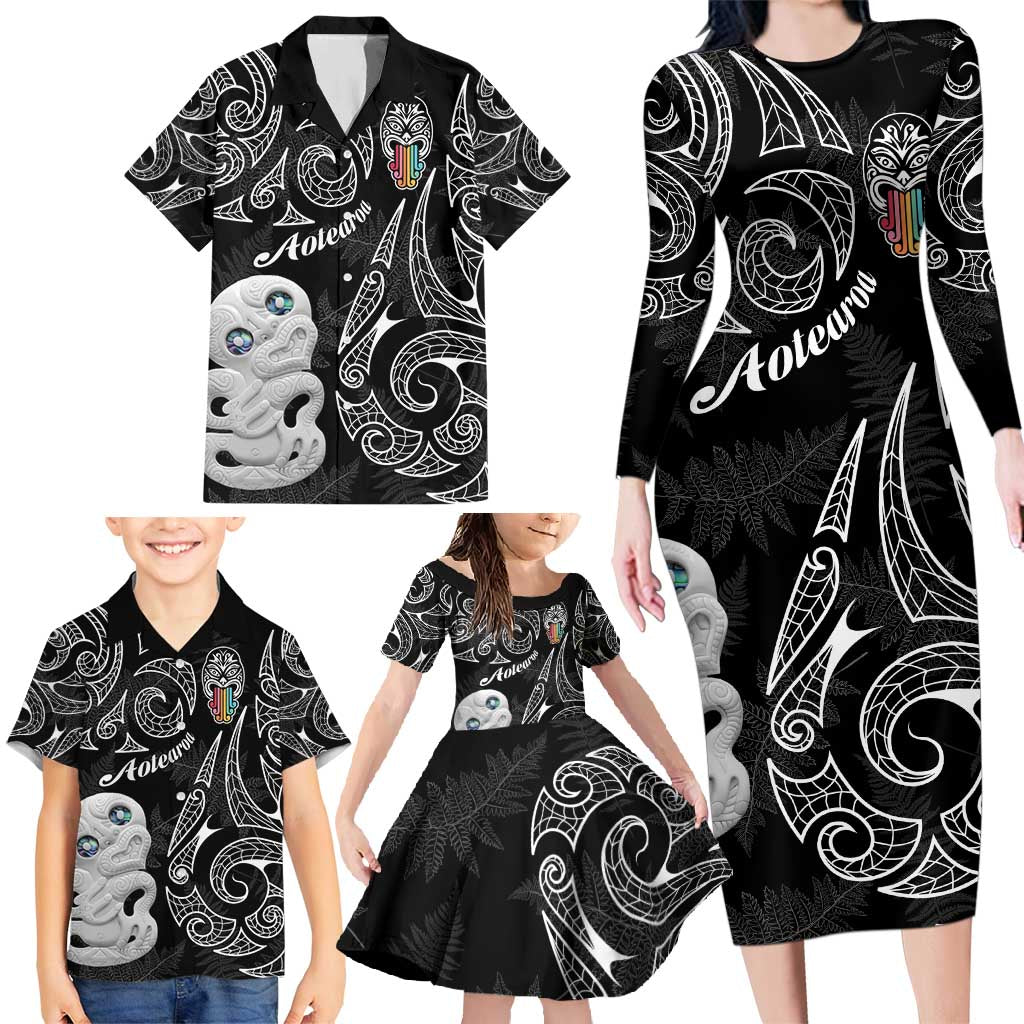 Kia Hara Te reo Maori Family Matching Long Sleeve Bodycon Dress and Hawaiian Shirt Manaia Moko Pattern LT7 - Polynesian Pride