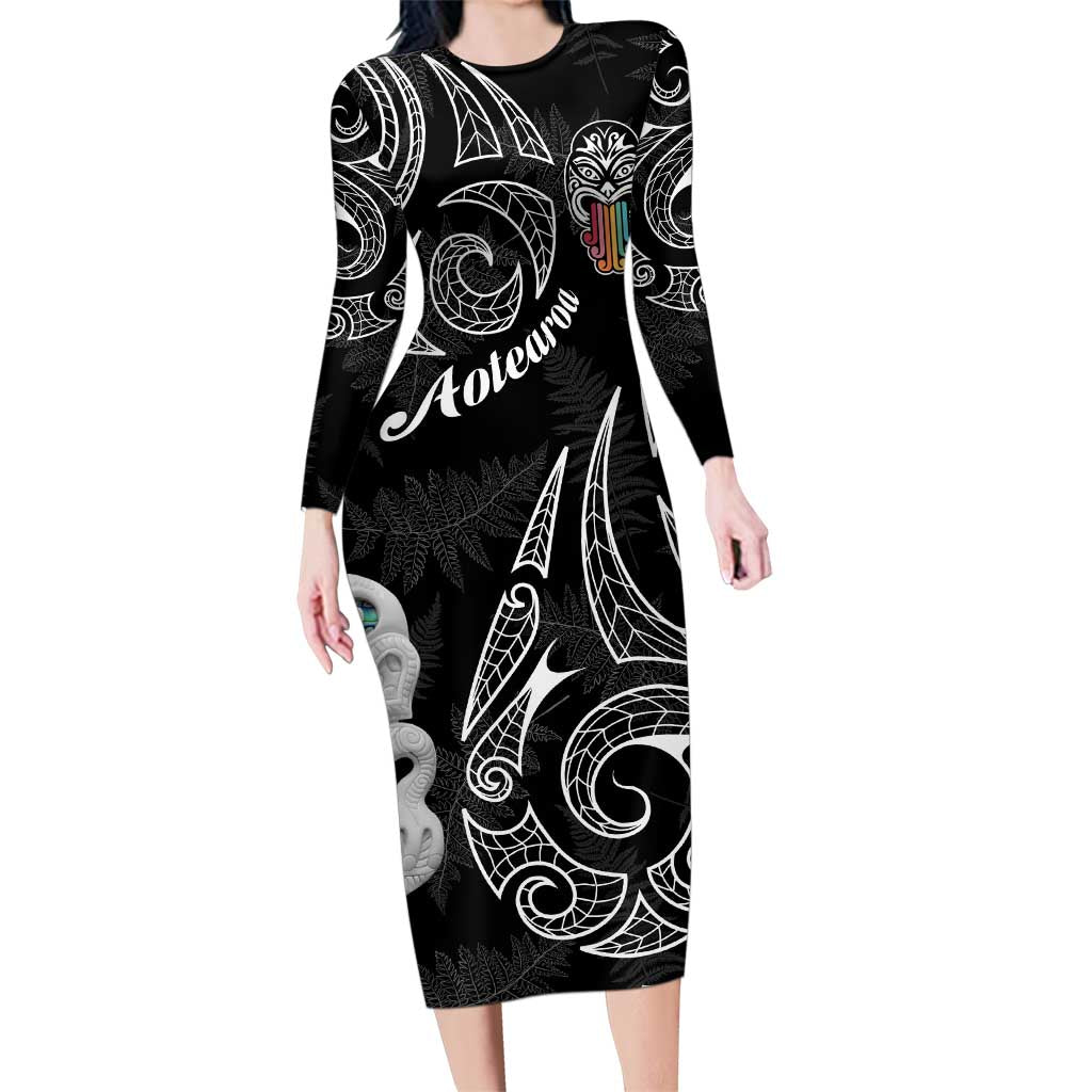 Kia Hara Te reo Maori Family Matching Long Sleeve Bodycon Dress and Hawaiian Shirt Manaia Moko Pattern LT7 Mom's Dress Black - Polynesian Pride