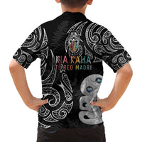 Kia Hara Te reo Maori Family Matching Off The Shoulder Long Sleeve Dress and Hawaiian Shirt Manaia Moko Pattern LT7 - Polynesian Pride