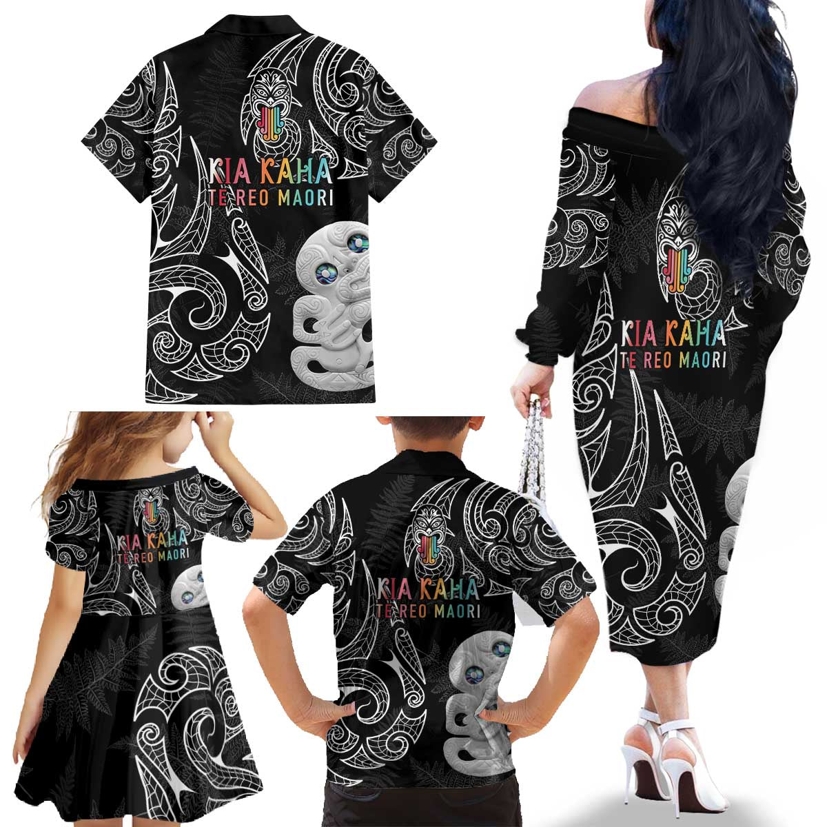 Kia Hara Te reo Maori Family Matching Off The Shoulder Long Sleeve Dress and Hawaiian Shirt Manaia Moko Pattern LT7 - Polynesian Pride