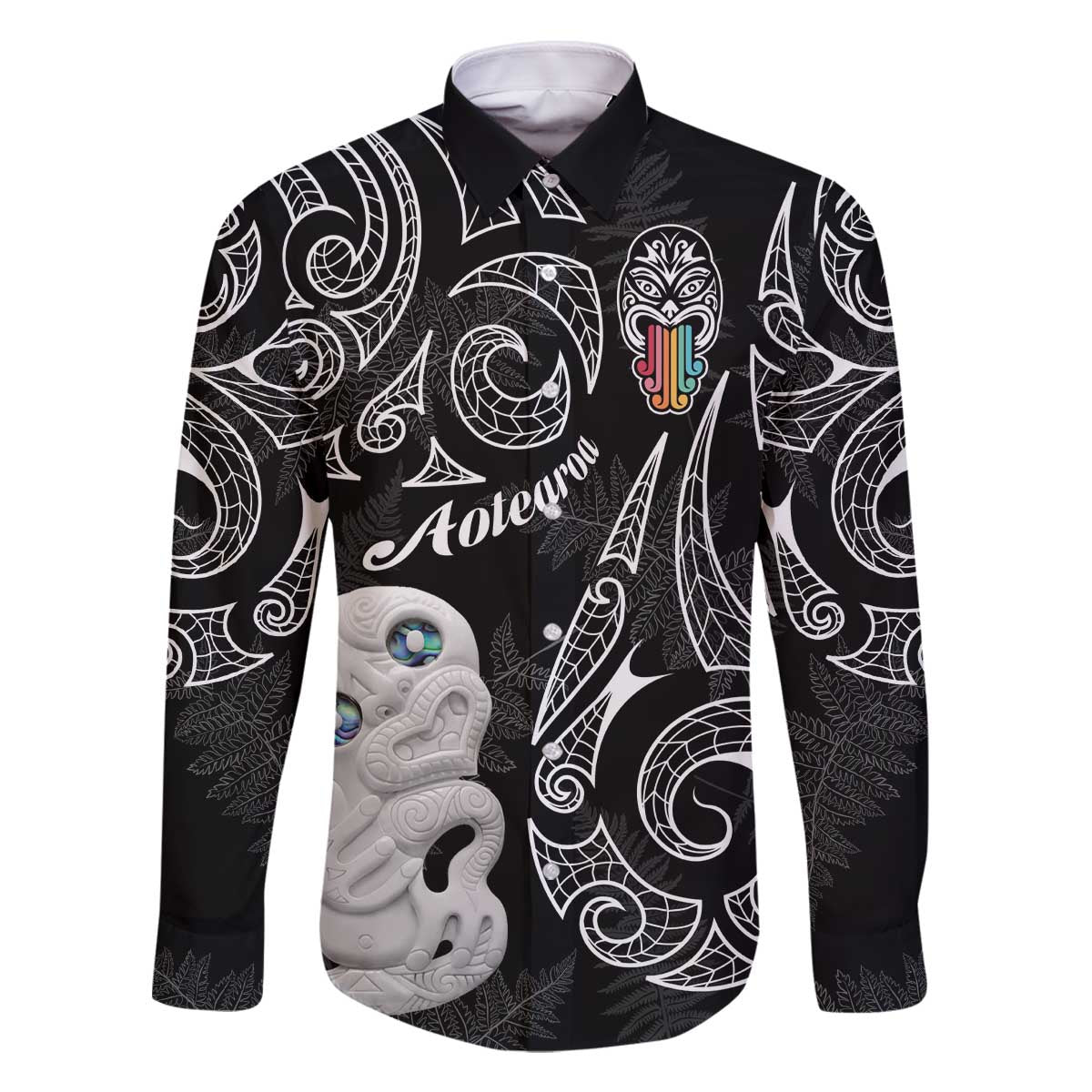Kia Hara Te reo Maori Family Matching Off The Shoulder Long Sleeve Dress and Hawaiian Shirt Manaia Moko Pattern LT7 Dad's Shirt - Long Sleeve Black - Polynesian Pride
