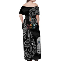 Kia Hara Te reo Maori Off Shoulder Maxi Dress Manaia Moko Pattern