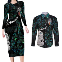 Kia Hara Te reo Maori Couples Matching Long Sleeve Bodycon Dress and Long Sleeve Button Shirt Manaia Moko Mix Paua Shell