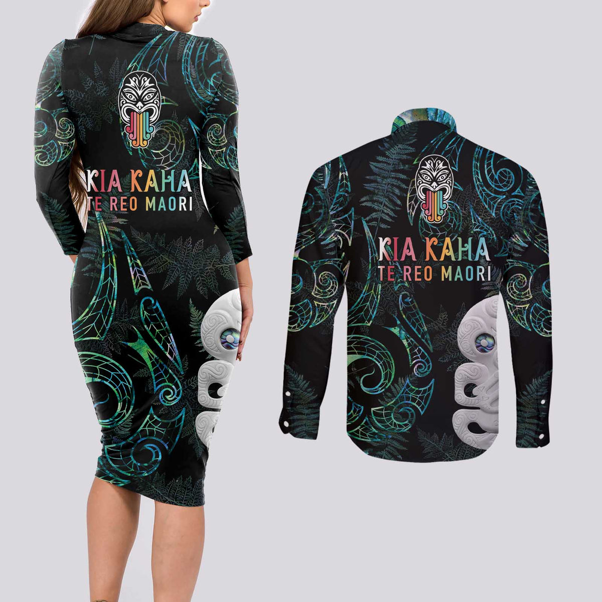 Kia Hara Te reo Maori Couples Matching Long Sleeve Bodycon Dress and Long Sleeve Button Shirt Manaia Moko Mix Paua Shell
