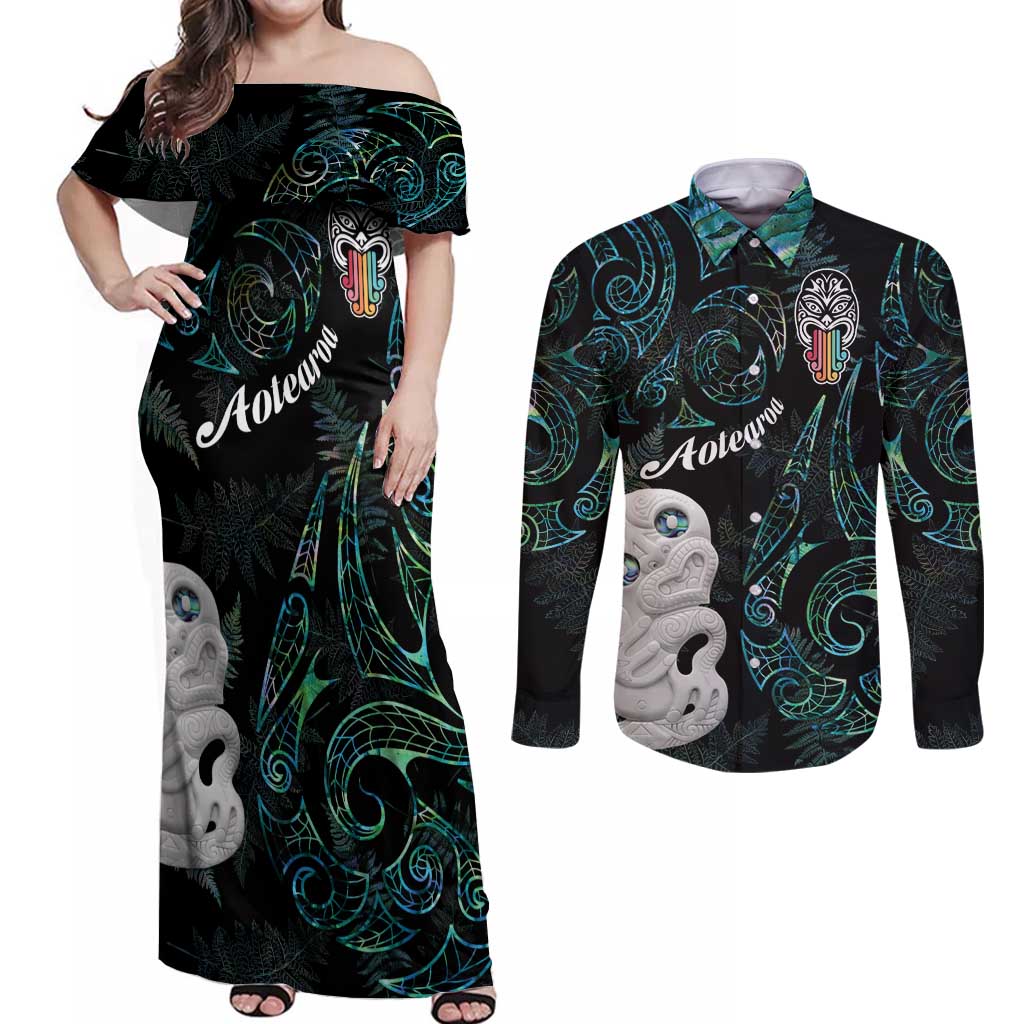 Kia Hara Te reo Maori Couples Matching Off Shoulder Maxi Dress and Long Sleeve Button Shirt Manaia Moko Mix Paua Shell