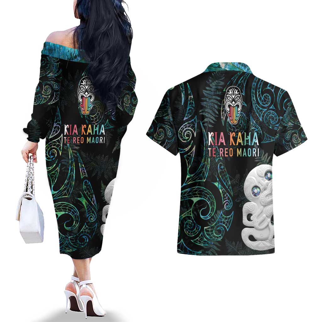 Kia Hara Te reo Maori Couples Matching Off The Shoulder Long Sleeve Dress and Hawaiian Shirt Manaia Moko Mix Paua Shell LT7 - Polynesian Pride