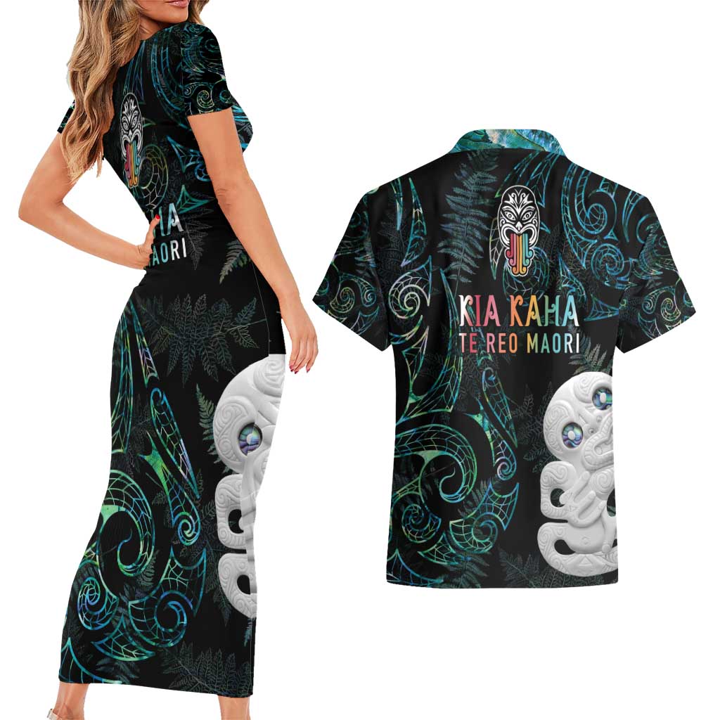 Kia Hara Te reo Maori Couples Matching Short Sleeve Bodycon Dress and Hawaiian Shirt Manaia Moko Mix Paua Shell LT7 - Polynesian Pride