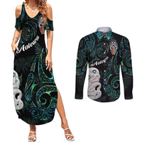 Kia Hara Te reo Maori Couples Matching Summer Maxi Dress and Long Sleeve Button Shirt Manaia Moko Mix Paua Shell
