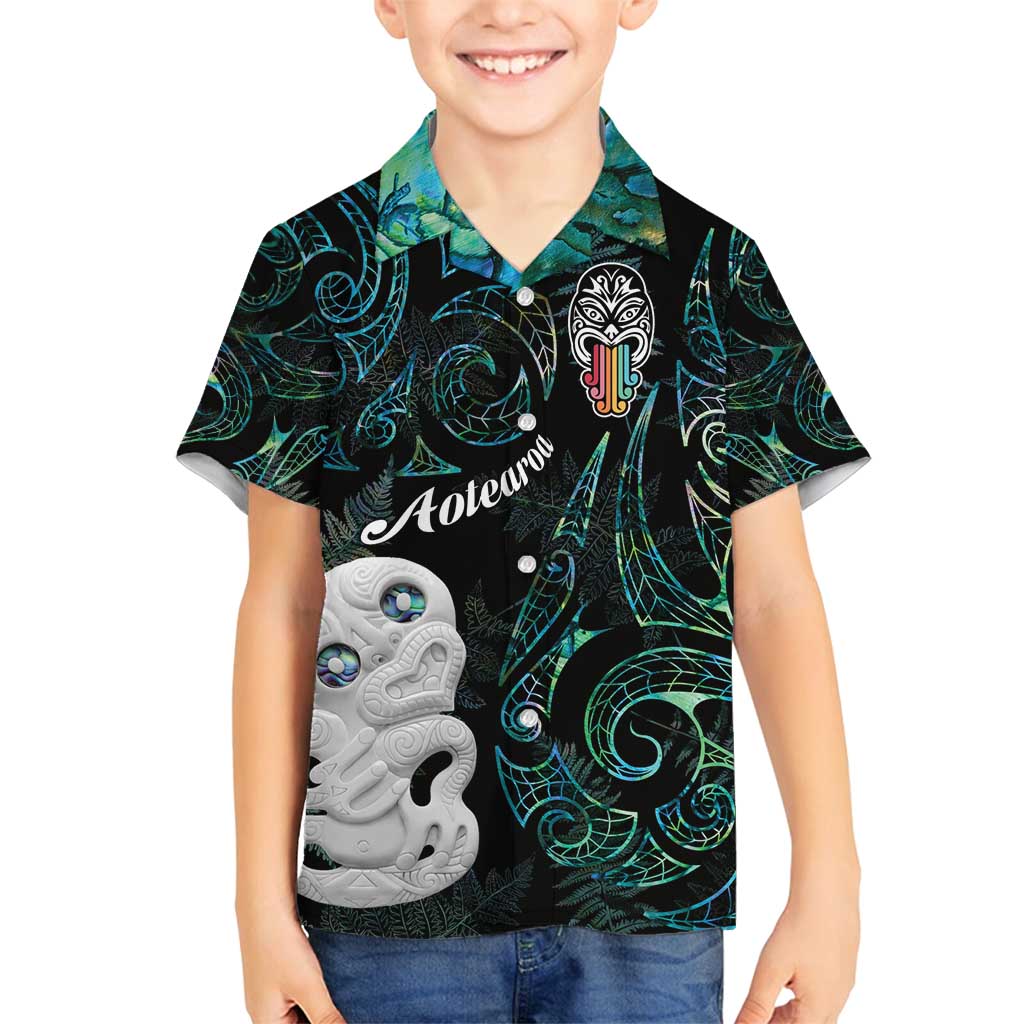 Kia Hara Te reo Maori Family Matching Long Sleeve Bodycon Dress and Hawaiian Shirt Manaia Moko Mix Paua Shell LT7 Son's Shirt Green - Polynesian Pride