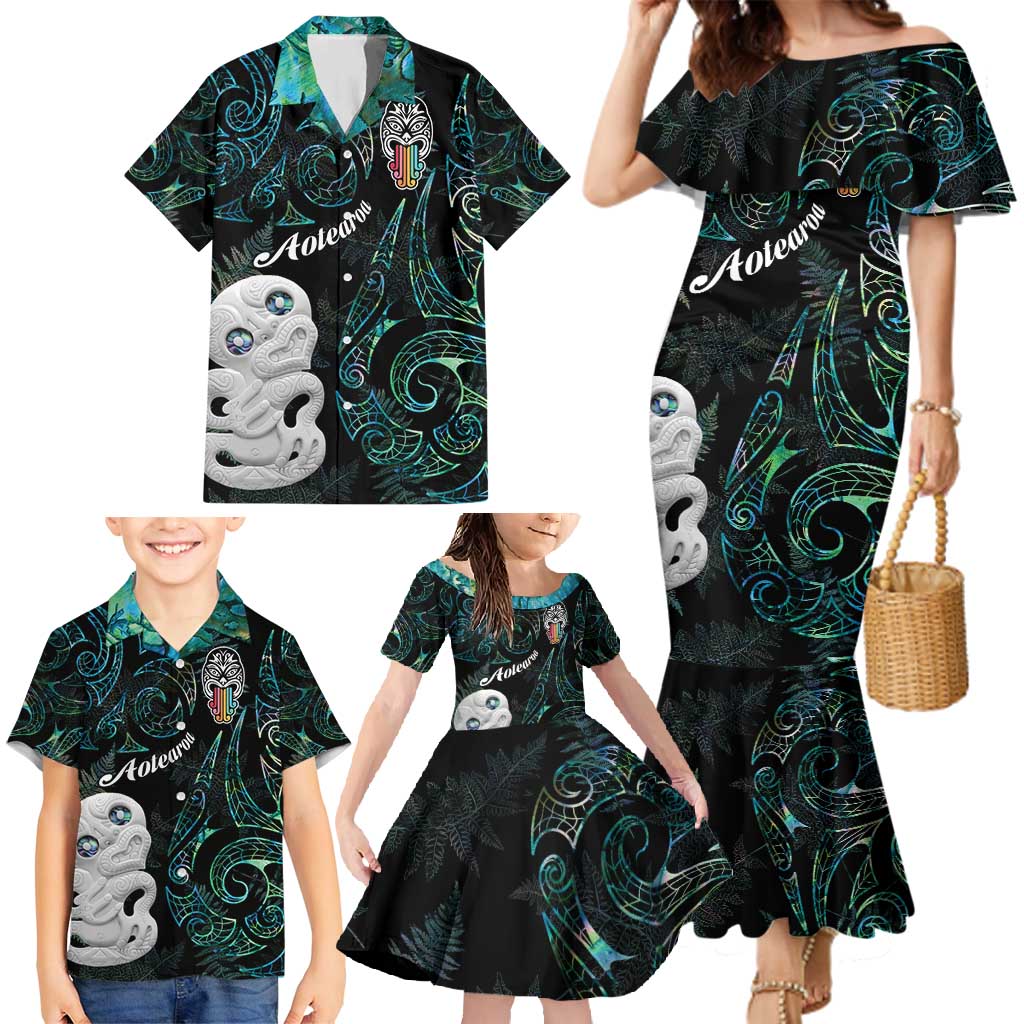 Kia Hara Te reo Maori Family Matching Mermaid Dress and Hawaiian Shirt Manaia Moko Mix Paua Shell LT7 - Polynesian Pride