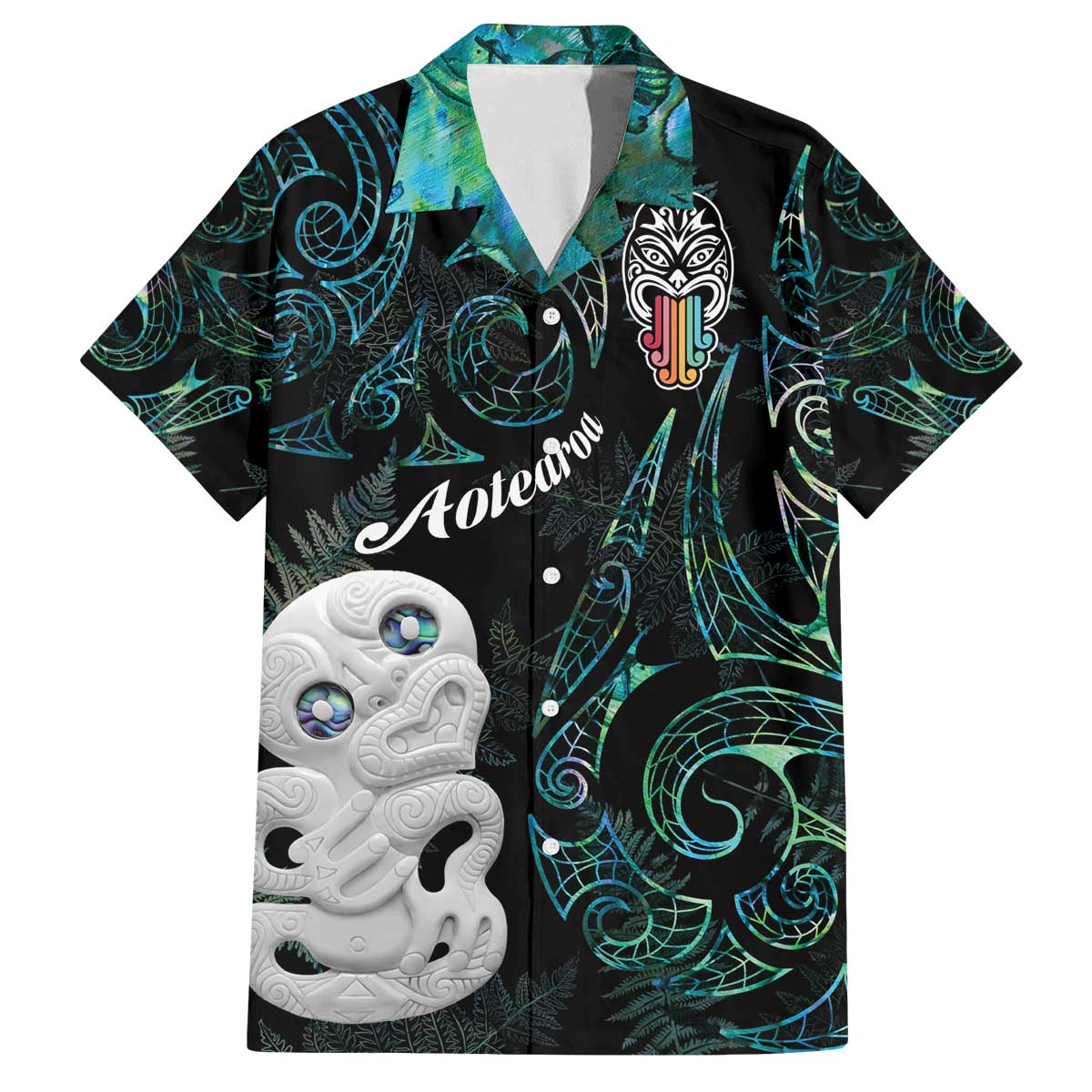 Kia Hara Te reo Maori Family Matching Off The Shoulder Long Sleeve Dress and Hawaiian Shirt Manaia Moko Mix Paua Shell LT7 Dad's Shirt - Short Sleeve Green - Polynesian Pride