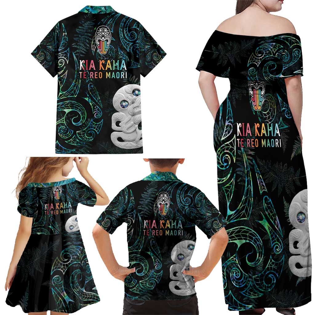 Kia Hara Te reo Maori Family Matching Off Shoulder Maxi Dress and Hawaiian Shirt Manaia Moko Mix Paua Shell LT7 - Polynesian Pride