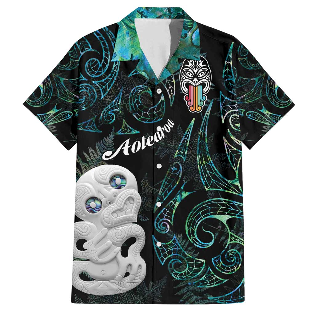 Kia Hara Te reo Maori Family Matching Off Shoulder Maxi Dress and Hawaiian Shirt Manaia Moko Mix Paua Shell LT7 Dad's Shirt - Short Sleeve Green - Polynesian Pride