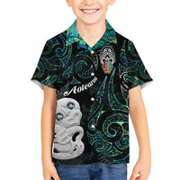 Kia Hara Te reo Maori Family Matching Off Shoulder Maxi Dress and Hawaiian Shirt Manaia Moko Mix Paua Shell LT7 Son's Shirt Green - Polynesian Pride