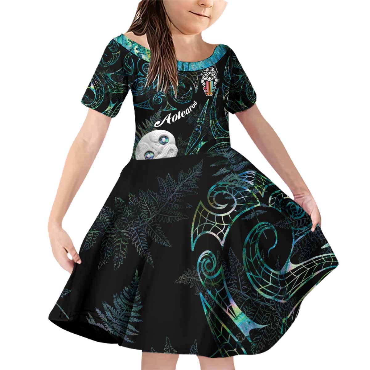 Kia Hara Te reo Maori Family Matching Off Shoulder Short Dress and Hawaiian Shirt Manaia Moko Mix Paua Shell LT7 Daughter's Dress Green - Polynesian Pride