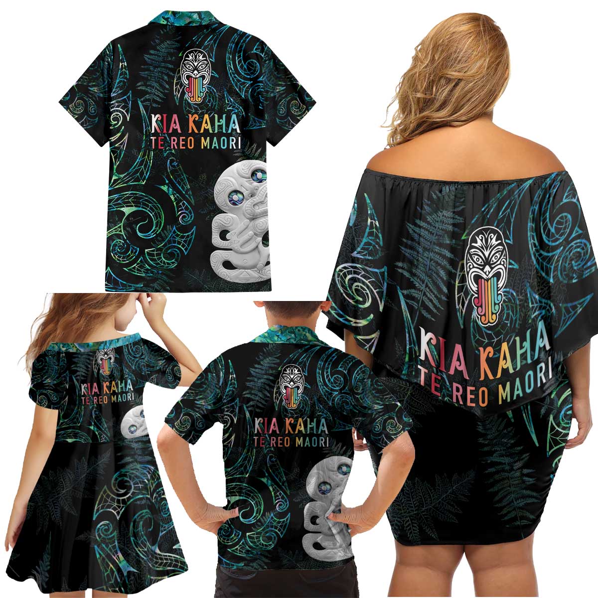 Kia Hara Te reo Maori Family Matching Off Shoulder Short Dress and Hawaiian Shirt Manaia Moko Mix Paua Shell LT7 - Polynesian Pride