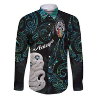 Kia Hara Te reo Maori Family Matching Off Shoulder Short Dress and Hawaiian Shirt Manaia Moko Mix Paua Shell LT7 Dad's Shirt - Long Sleeve Green - Polynesian Pride