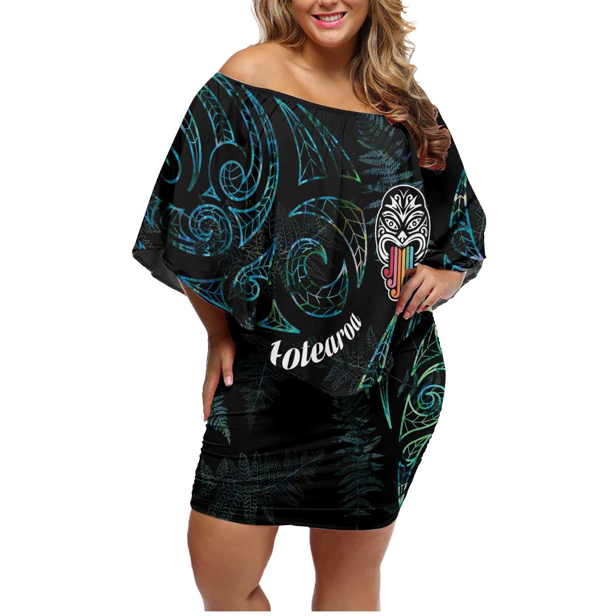 Kia Hara Te reo Maori Family Matching Off Shoulder Short Dress and Hawaiian Shirt Manaia Moko Mix Paua Shell LT7 Mom's Dress Green - Polynesian Pride