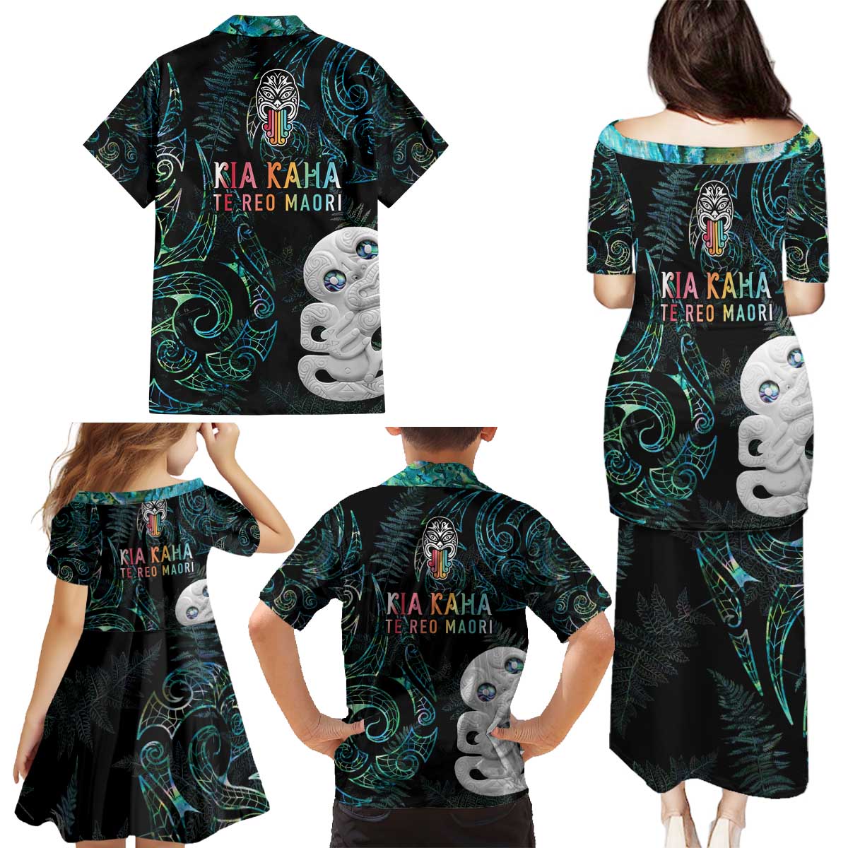 Kia Hara Te reo Maori Family Matching Puletasi and Hawaiian Shirt Manaia Moko Mix Paua Shell LT7 - Polynesian Pride