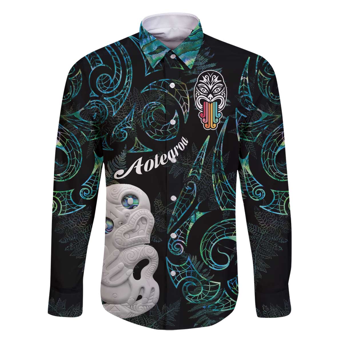 Kia Hara Te reo Maori Family Matching Puletasi and Hawaiian Shirt Manaia Moko Mix Paua Shell LT7 Dad's Shirt - Long Sleeve Green - Polynesian Pride