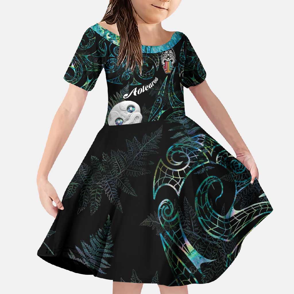 Kia Hara Te reo Maori Family Matching Summer Maxi Dress and Hawaiian Shirt Manaia Moko Mix Paua Shell LT7 Daughter's Dress Green - Polynesian Pride