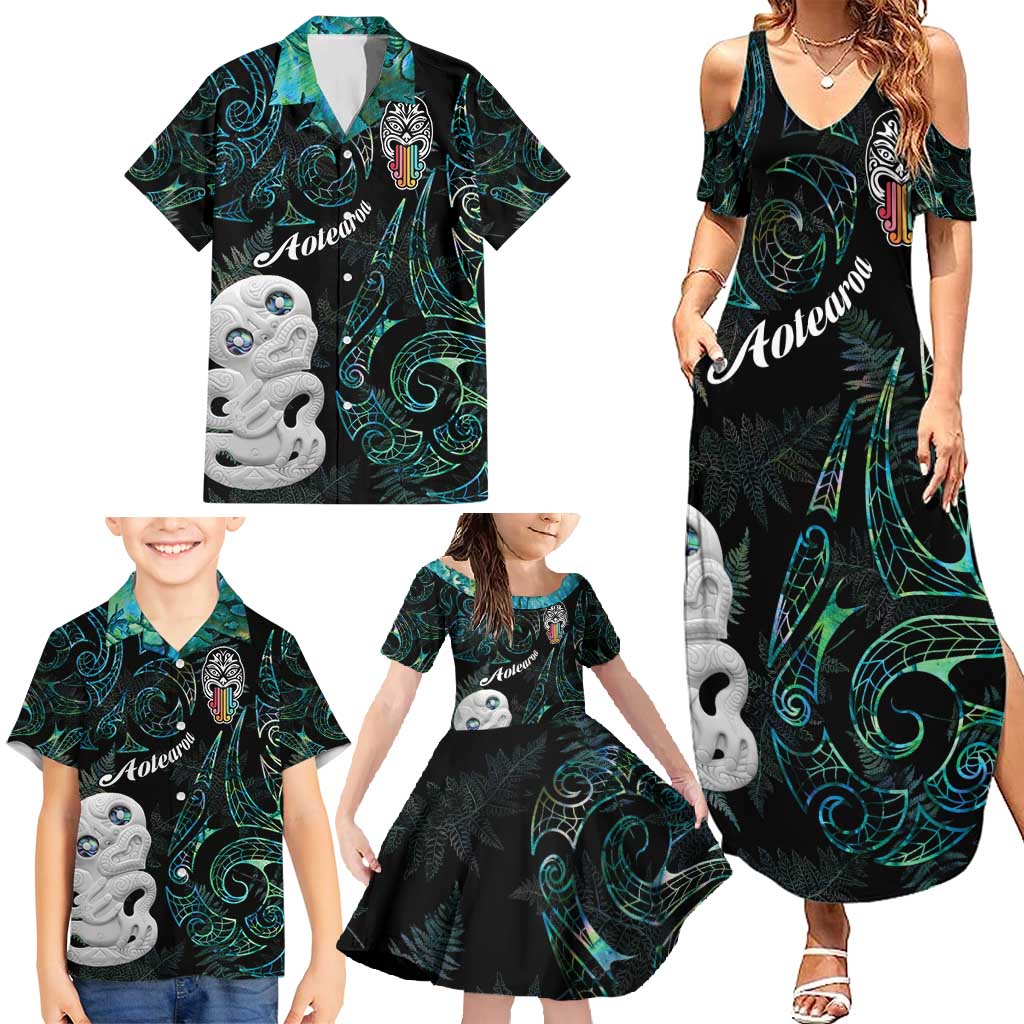 Kia Hara Te reo Maori Family Matching Summer Maxi Dress and Hawaiian Shirt Manaia Moko Mix Paua Shell LT7 - Polynesian Pride