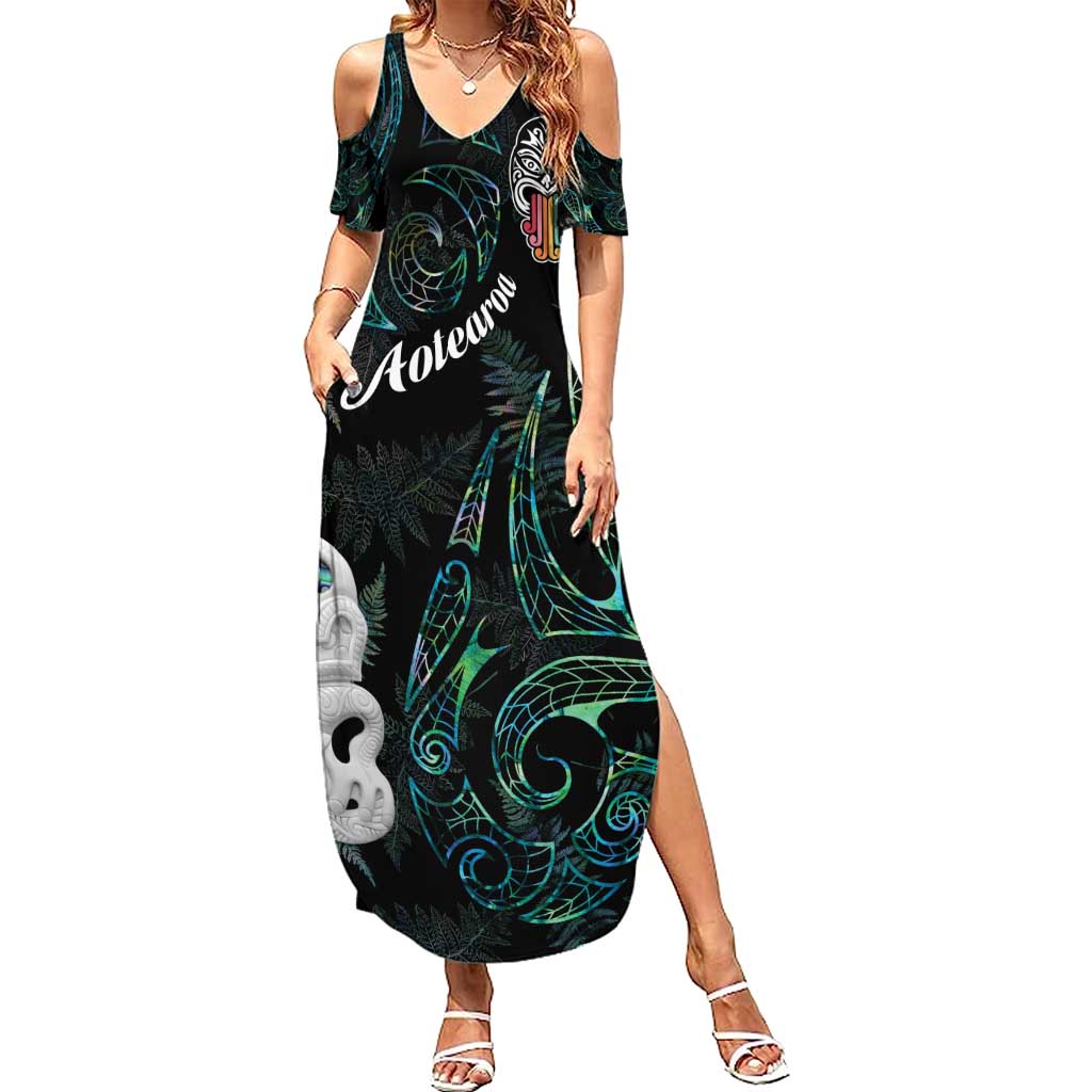 Kia Hara Te reo Maori Family Matching Summer Maxi Dress and Hawaiian Shirt Manaia Moko Mix Paua Shell LT7 Mom's Dress Green - Polynesian Pride