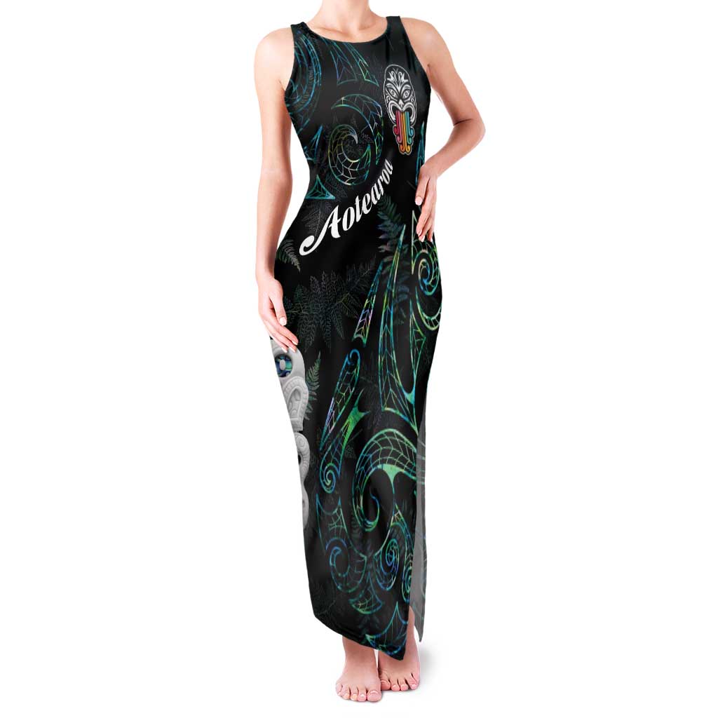 Kia Hara Te reo Maori Family Matching Tank Maxi Dress and Hawaiian Shirt Manaia Moko Mix Paua Shell LT7 Mom's Dress Green - Polynesian Pride