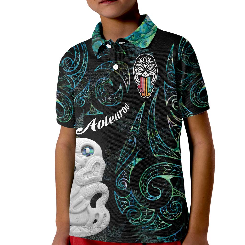 Kia Hara Te reo Maori Kid Polo Shirt Manaia Moko Mix Paua Shell