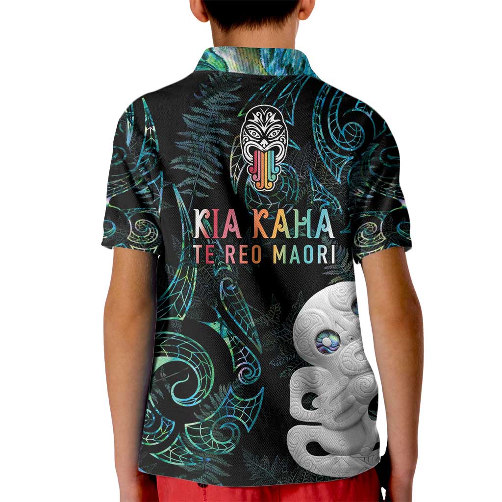 Kia Hara Te reo Maori Kid Polo Shirt Manaia Moko Mix Paua Shell