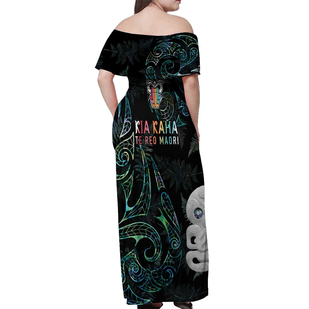 Kia Hara Te reo Maori Off Shoulder Maxi Dress Manaia Moko Mix Paua Shell