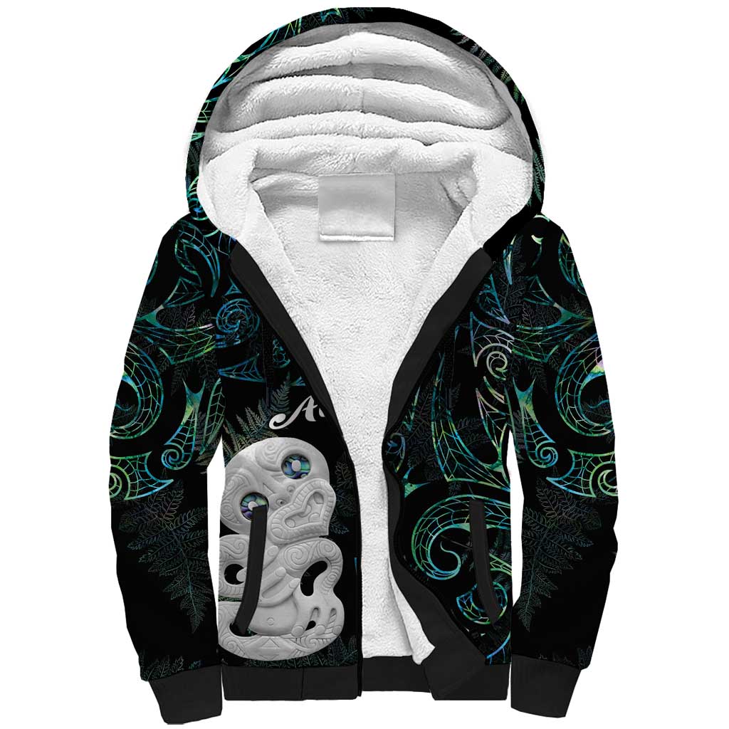 Kia Hara Te reo Maori Sherpa Hoodie Manaia Moko Mix Paua Shell