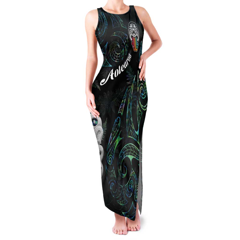 Kia Hara Te reo Maori Tank Maxi Dress Manaia Moko Mix Paua Shell