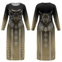 Aotearoa Maori Iwi Heritage Couples Matching Long Sleeve Bodycon Dress and Long Sleeve Button Shirt Waikato Tainui Parauri LT7 - Polynesian Pride