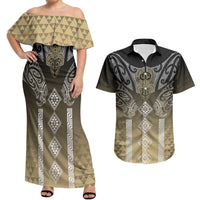 Aotearoa Maori Iwi Heritage Couples Matching Off Shoulder Maxi Dress and Hawaiian Shirt Waikato Tainui Parauri LT7 Earth Gold - Polynesian Pride