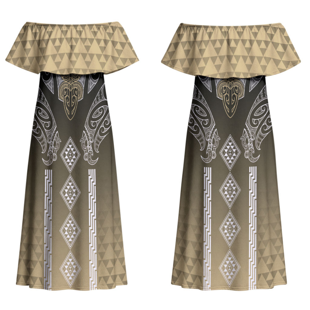 Aotearoa Maori Iwi Heritage Couples Matching Off Shoulder Maxi Dress and Hawaiian Shirt Waikato Tainui Parauri LT7 - Polynesian Pride
