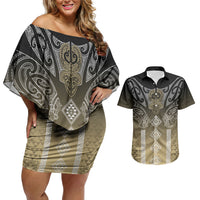 Aotearoa Maori Iwi Heritage Couples Matching Off Shoulder Short Dress and Hawaiian Shirt Waikato Tainui Parauri LT7 Earth Gold - Polynesian Pride
