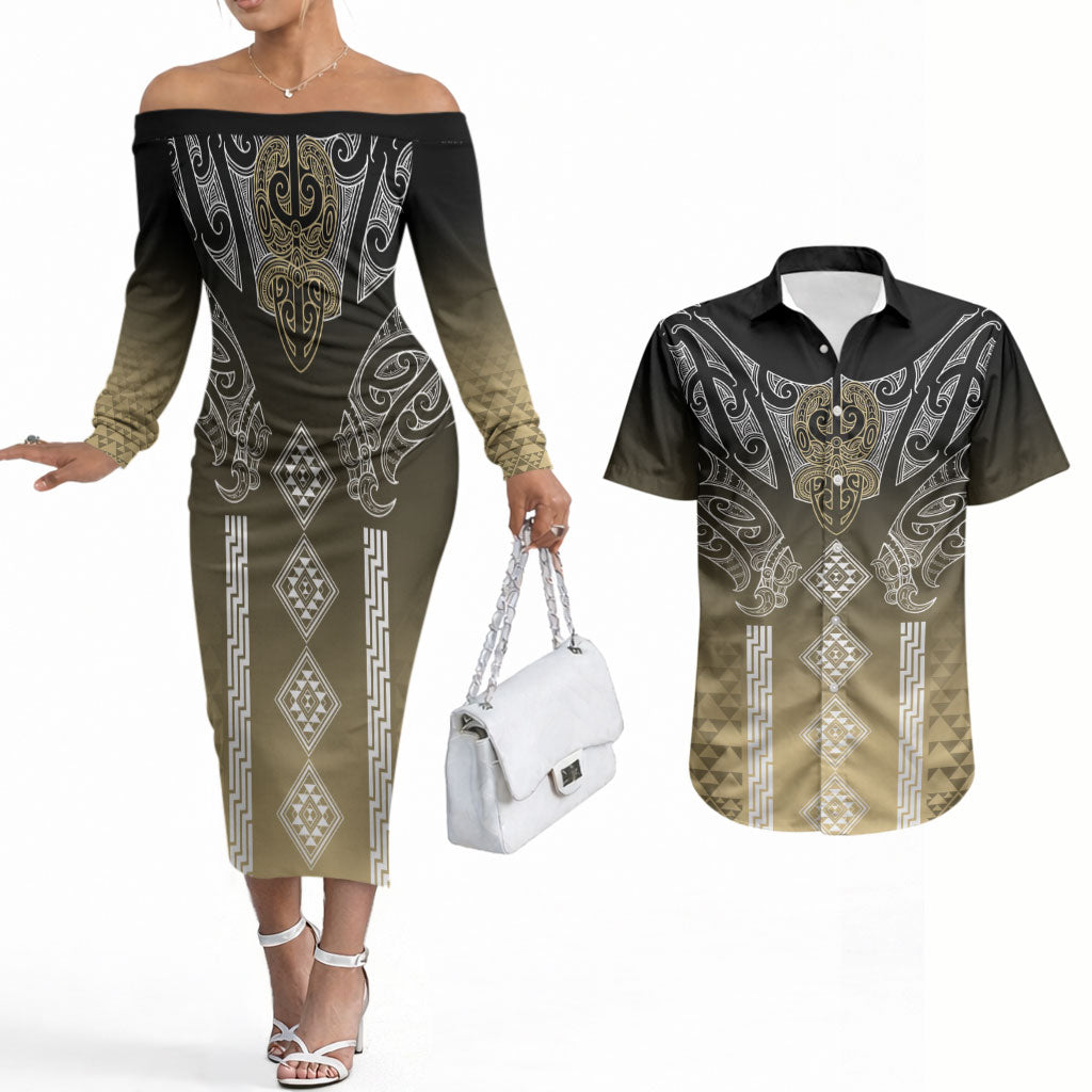 Aotearoa Maori Iwi Heritage Couples Matching Off The Shoulder Long Sleeve Dress and Hawaiian Shirt Waikato Tainui Parauri LT7 Earth Gold - Polynesian Pride