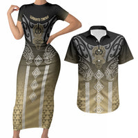 Aotearoa Maori Iwi Heritage Couples Matching Short Sleeve Bodycon Dress and Hawaiian Shirt Waikato Tainui Parauri LT7 Earth Gold - Polynesian Pride