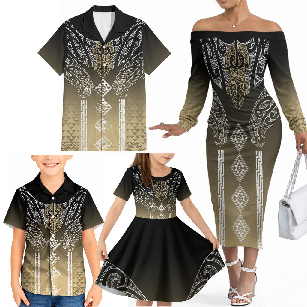 Aotearoa Maori Iwi Heritage Family Matching Off The Shoulder Long Sleeve Dress and Hawaiian Shirt Waikato Tainui Parauri LT7 - Polynesian Pride