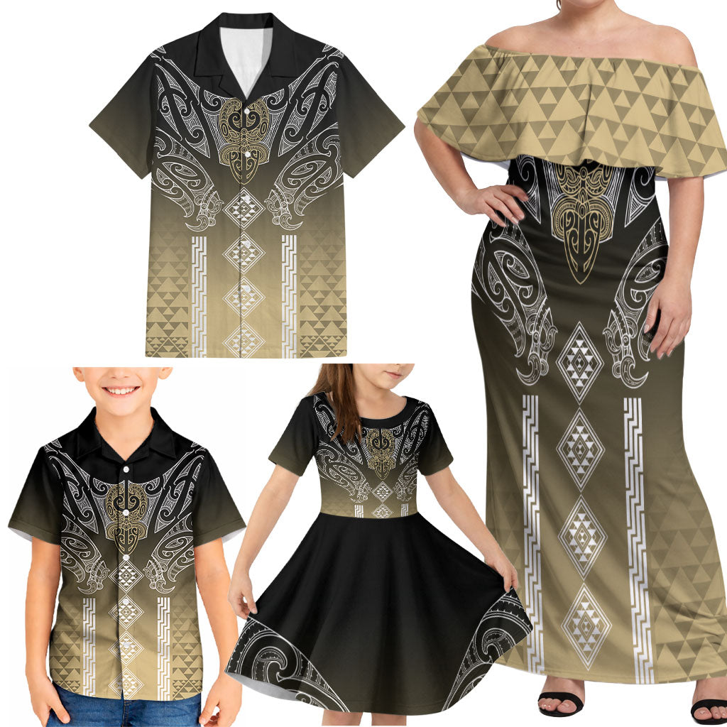 Aotearoa Maori Iwi Heritage Family Matching Off Shoulder Maxi Dress and Hawaiian Shirt Waikato Tainui Parauri LT7 - Polynesian Pride
