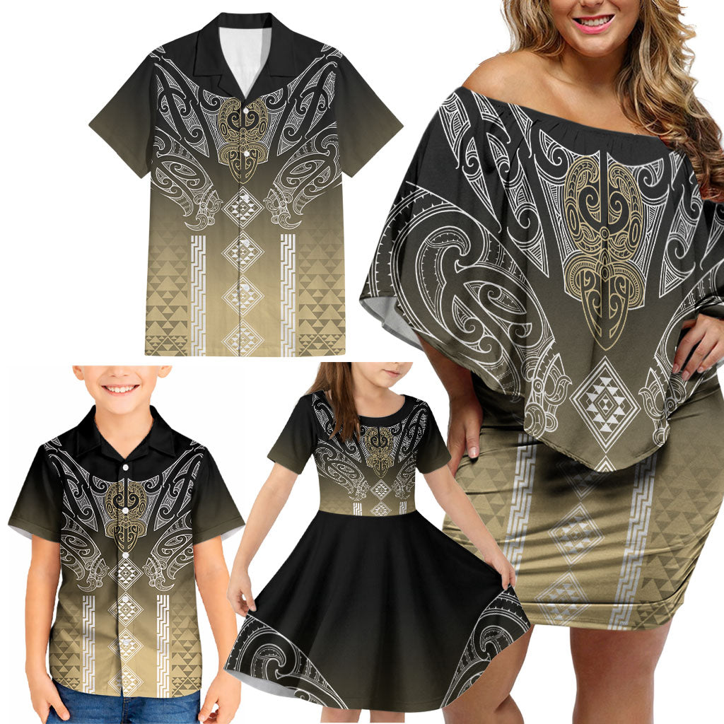 Aotearoa Maori Iwi Heritage Family Matching Off Shoulder Short Dress and Hawaiian Shirt Waikato Tainui Parauri LT7 - Polynesian Pride