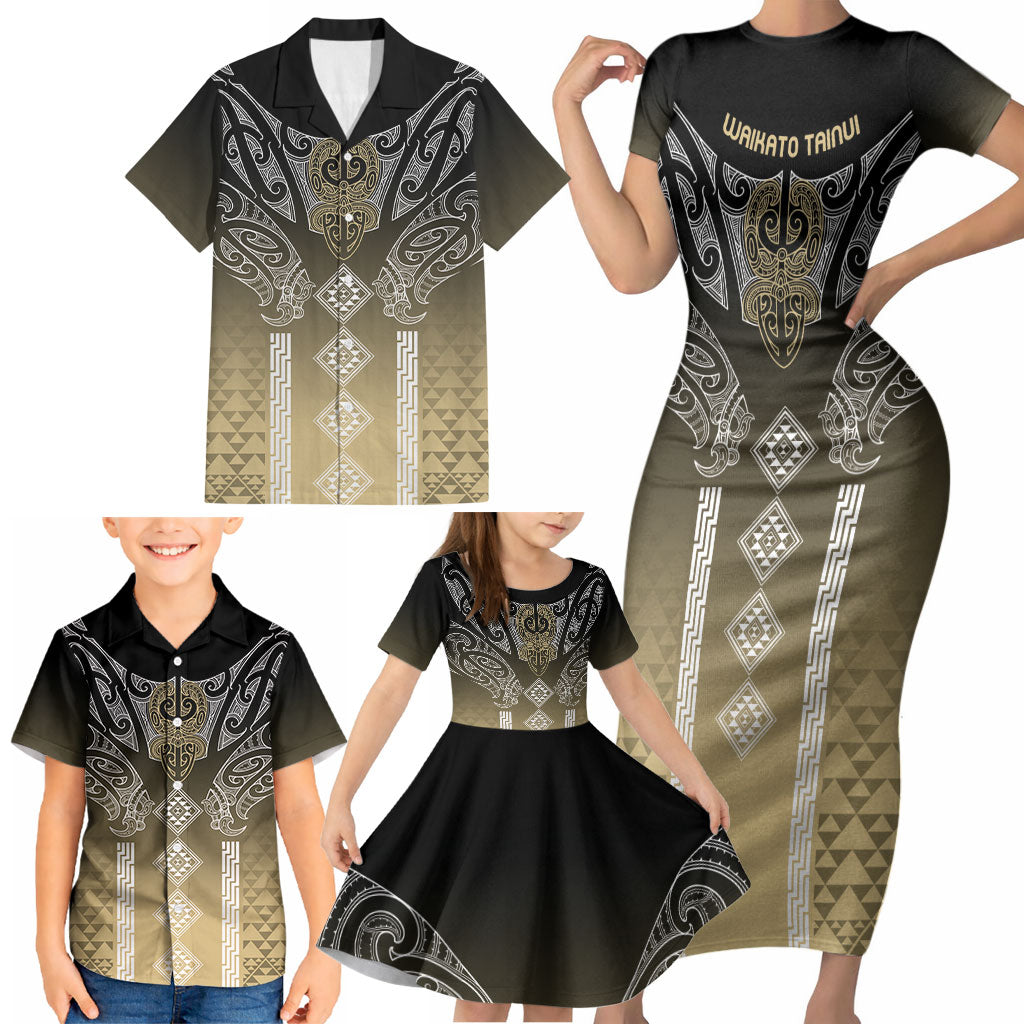 Aotearoa Maori Iwi Heritage Family Matching Short Sleeve Bodycon Dress and Hawaiian Shirt Waikato Tainui Parauri LT7 - Polynesian Pride
