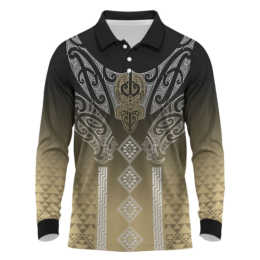 Aotearoa Maori Iwi Heritage Long Sleeve Polo Shirt Waikato Tainui Parauri LT7 Earth Gold - Polynesian Pride