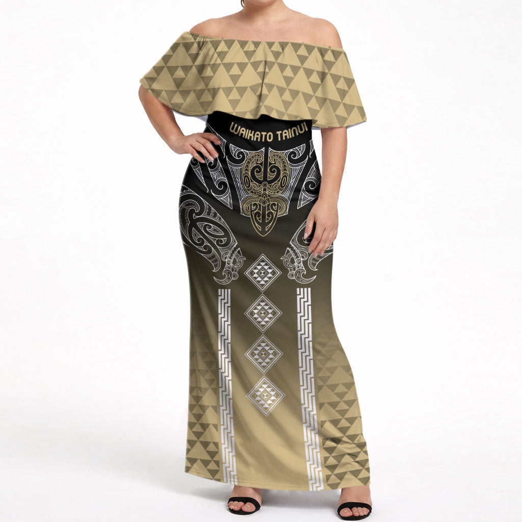 Aotearoa Maori Iwi Heritage Off Shoulder Maxi Dress Waikato Tainui Parauri LT7 Women Earth Gold - Polynesian Pride