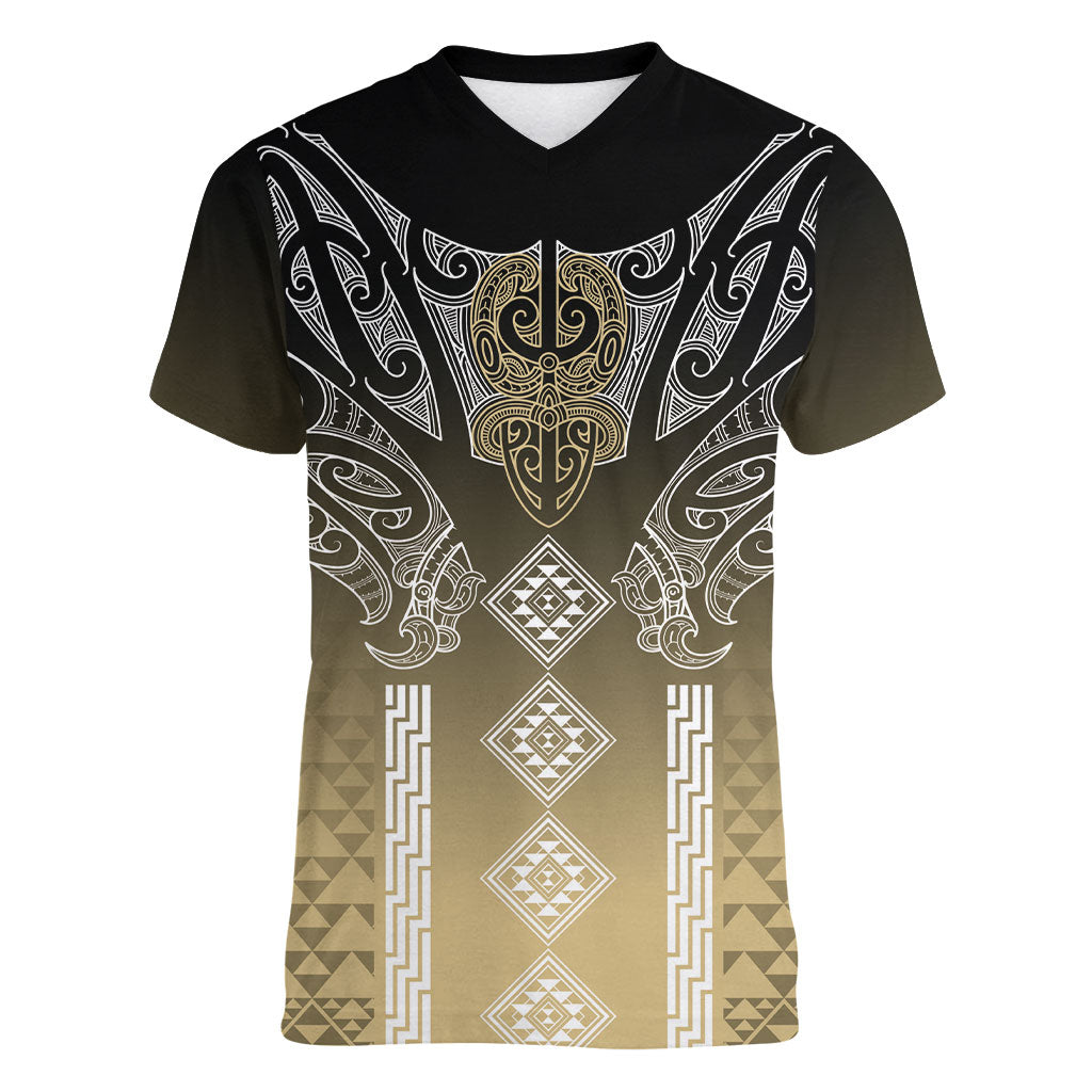 Aotearoa Maori Iwi Heritage Women V-Neck T-Shirt Waikato Tainui Parauri LT7 Female Earth Gold - Polynesian Pride