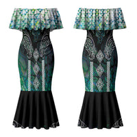 Aotearoa Maori Iwi Heritage Couples Matching Mermaid Dress and Long Sleeve Button Shirt Ngati Kahungunu Paua Shell Turquoise LT7 - Polynesian Pride